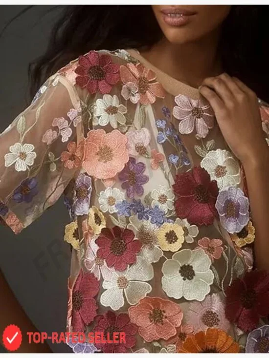 Sheer Lace Blouse 3D Embroidered Floral Short Sleeve Crew Neck Chic Top - Picture 4 of 6